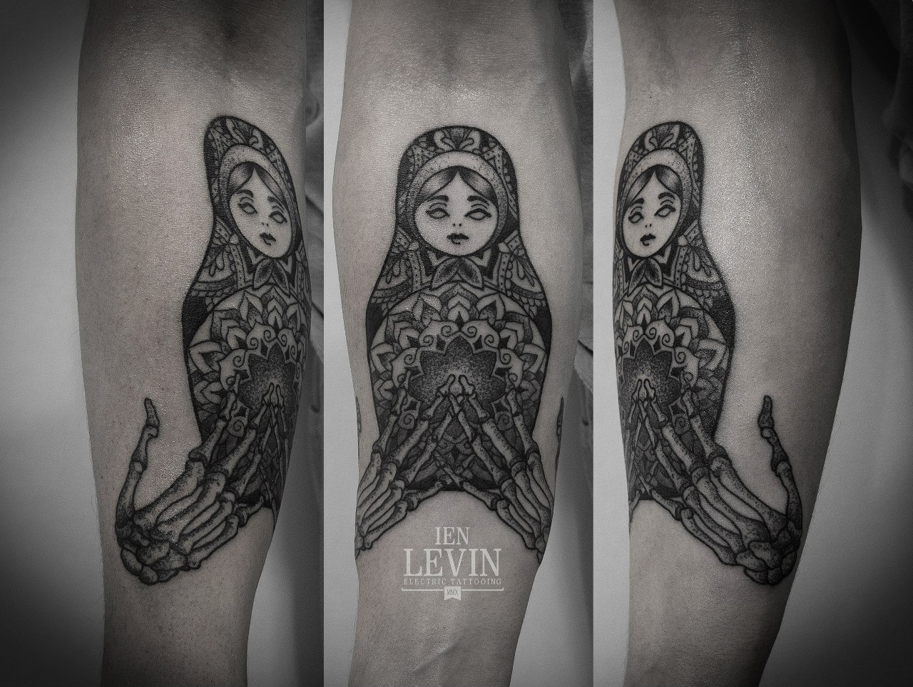 Mandala Russian Matryoshka Skeleton Hands Dotwork tattoo by Ien Levin