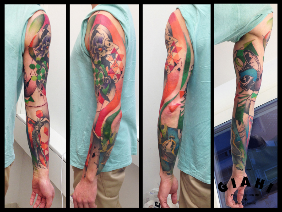 Melting Clock Gramophone tattoo sleeve by Live Two