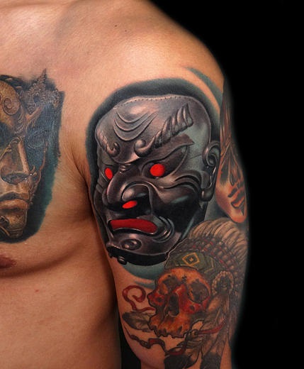 Metal Samurai Mask tattoo by Andres Acosta on Shoulder