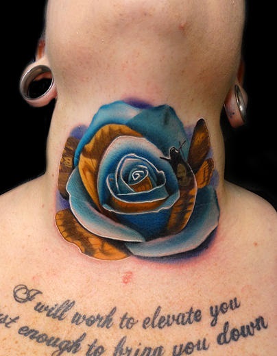 Neck Moth Rose tattoo by Andres Acosta