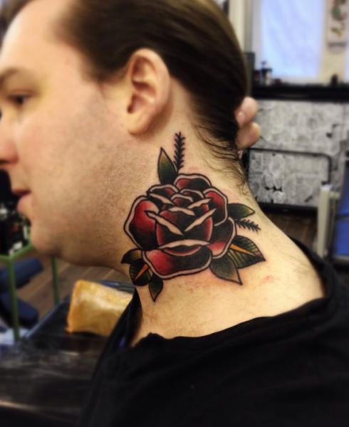 Neck Rose Old School tattoo by Matt Cooley