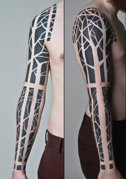 Negative Scary Forest Blackwork tattoo sleeve idea