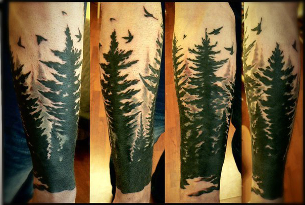 Ravens above Old Pine-Trees Forest Blackwork tattoo