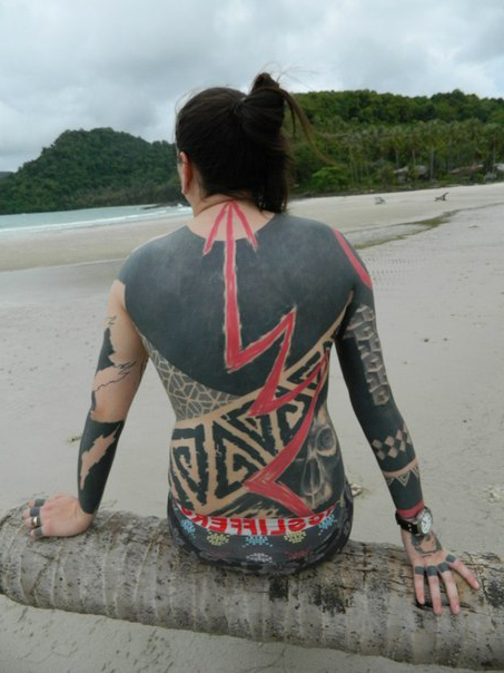 Red Lightning Arrow Full Body Blackwork tattoo