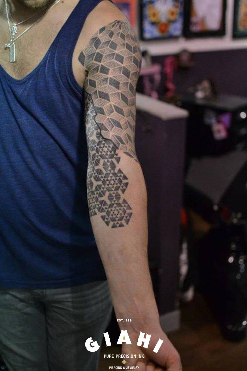 Rhombus Triangles and Cubes Dotwork tattoo by Andy Cryztalz