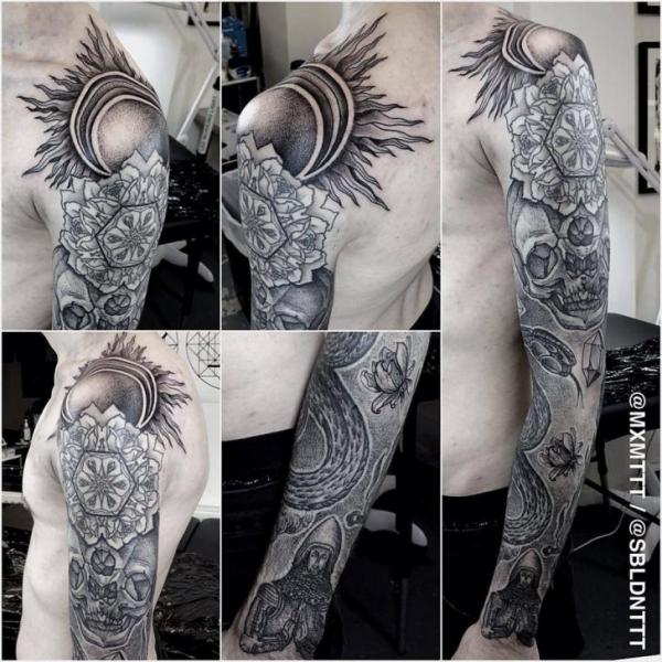 Rising Sun Dotwork tattoo sleeve by MXM