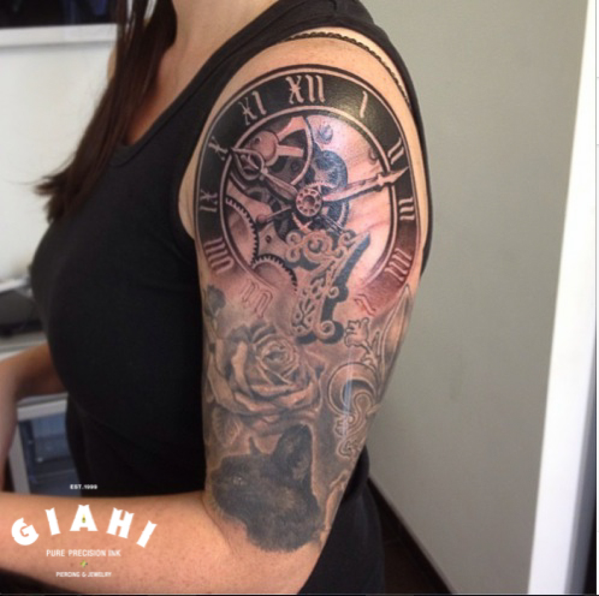 Rose and Clock Blackwork tattoo by Roony