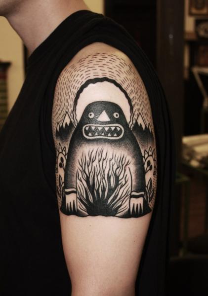 Shoulder Sun Set Monster Blackwork tattoo by Matt Cooley