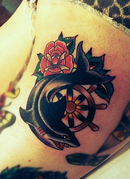 Steering Wheel Rose and Shark Nautical tattoo