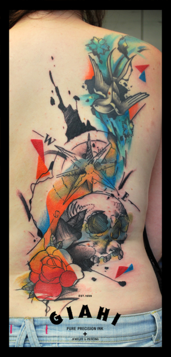 Swallow Compass Skull Naurical Aquarelle tattoo by Live Two