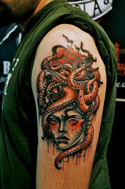 Tentacles Hair Monster Head Nautical tattoo