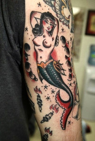 Torches and Mermaid Old School Nautical tattoo