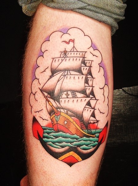 Traditional Sailing Ship and Anchor Nautical tattoo