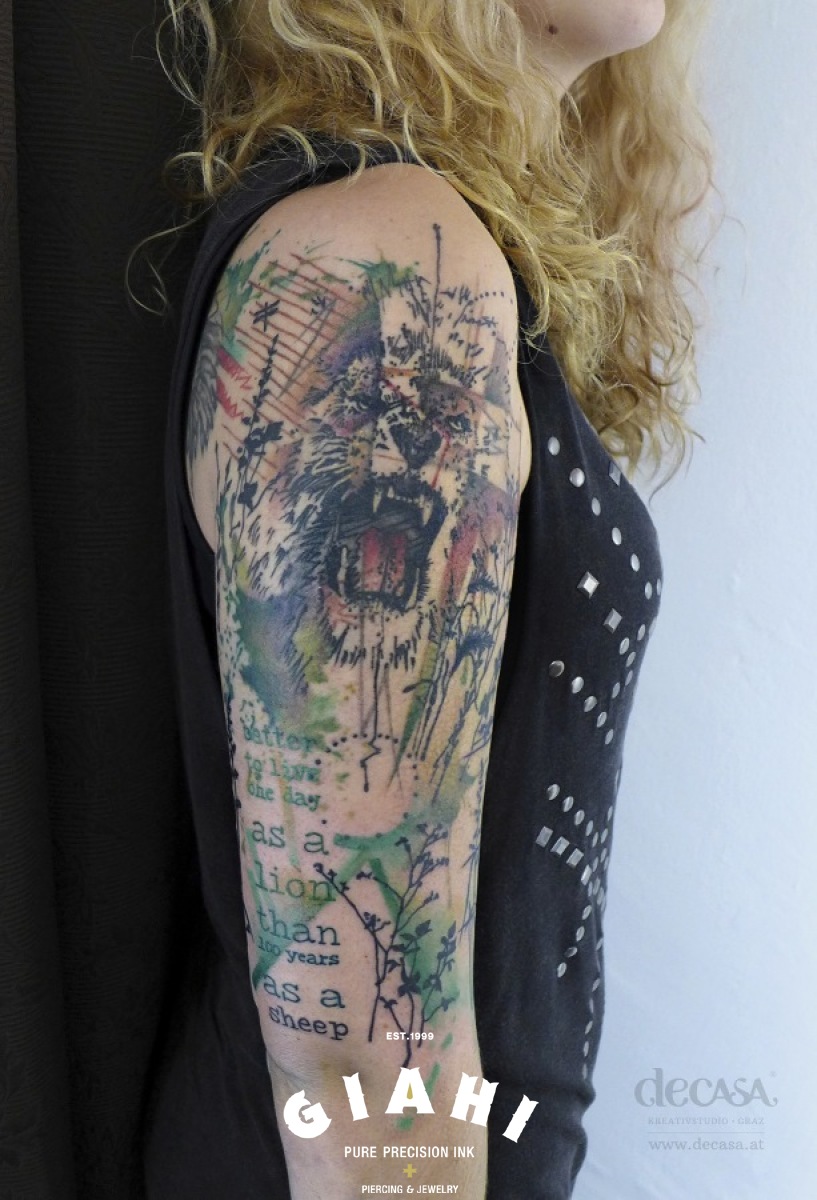 Trash Polka Lion tattoo by Carola Deutsch