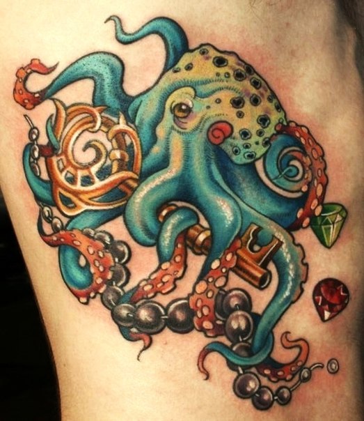 Treasure Key Holding Octopus Nautical tattoo