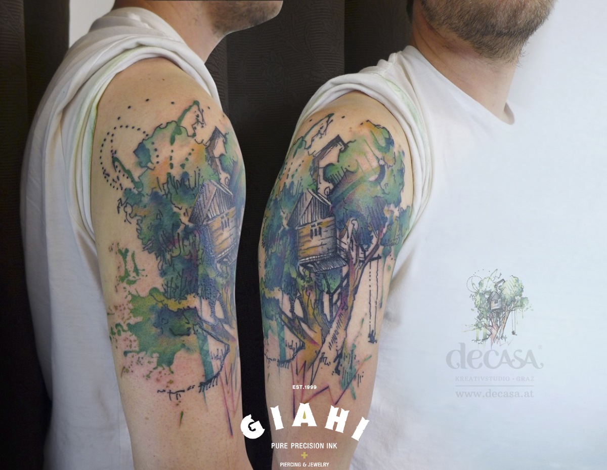 Tree House tattoo on Shoulder by Carola Deutsch