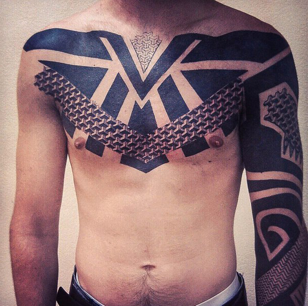 Triangle Rays Geometry Blackwork tattoo on Chest and Sleeve