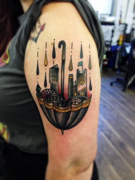 Up Side Down Town Umbrella New School tattoo by Matt Cooley