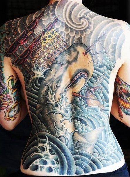 Whaleman Attack Dying Whale Nautical tattoo on Back