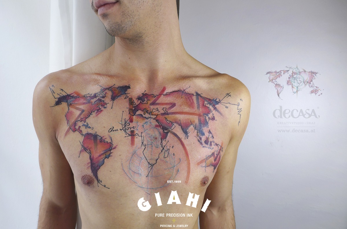 World Map tattoo on Chest by Carola Deutsch