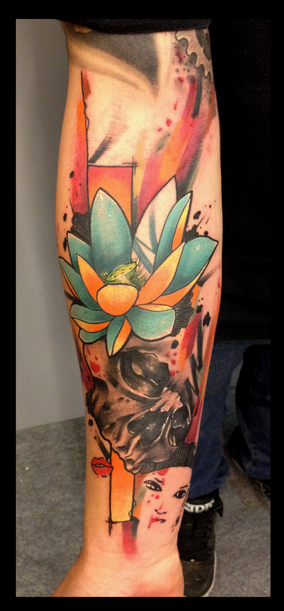 Yellow Blue Lotus Skull tattoo by Live Two