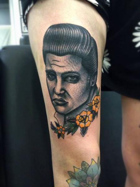 Yellow Flowers Sad Elvis New School tattoo by Matt Cooley