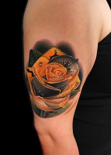 Yellow Road Trip Rose tattoo by Andres Acosta