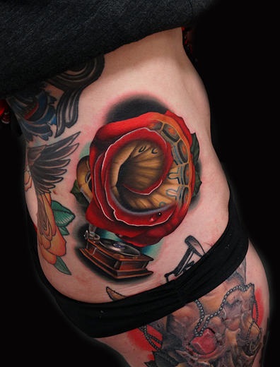 Classic Phonorose Gramophone tattoo by Andres Acosta