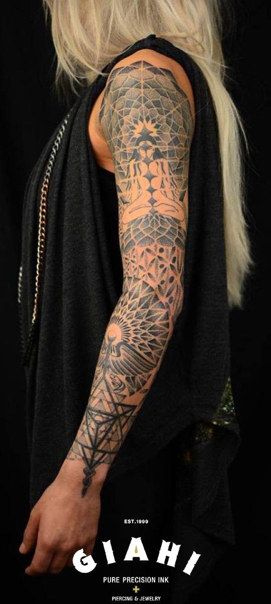 Meditation Dotwork tattoo sleeve by Andy Cryztalz