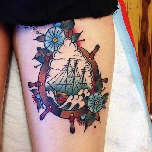 Ship in a Steering Wheel Nautical tattoo