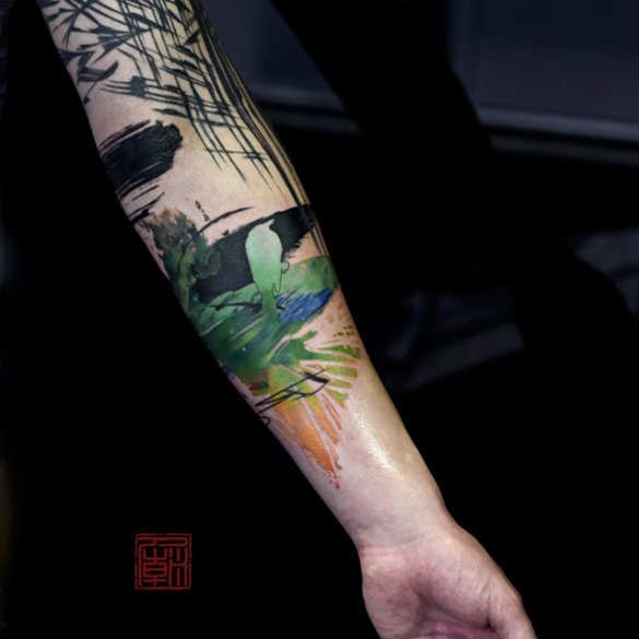 Great Aquarelle tattoo sleeve by Tattoo Temple