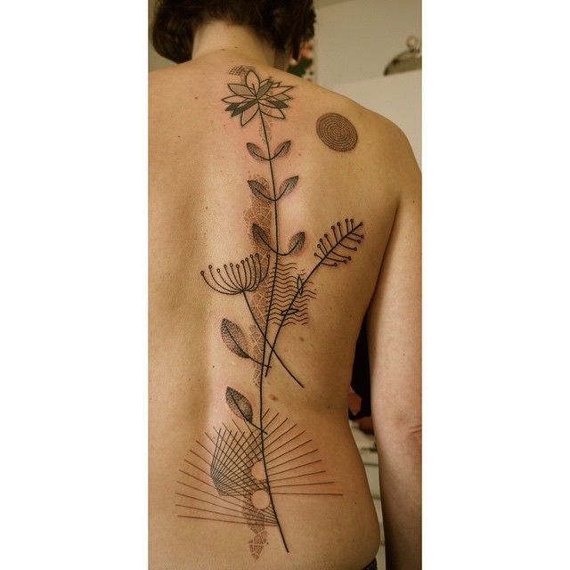 Lines Flowers Dotwork Back Tattoo by Noon Kamikaz