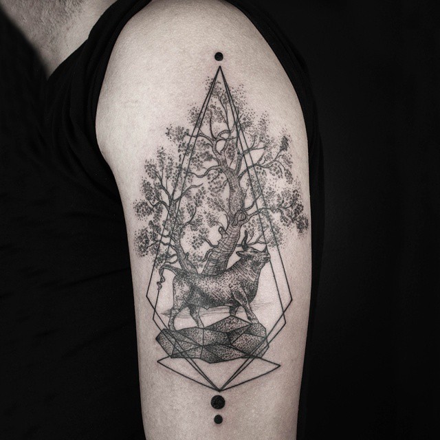 Bull Tree Dotwork tattoo on Shoulder