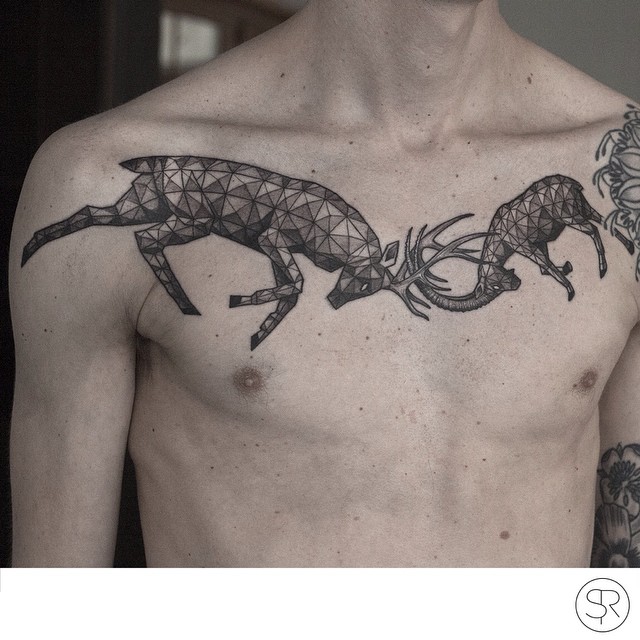 Chest Deer vs Mountain Goat tattoo by Sven Rayen