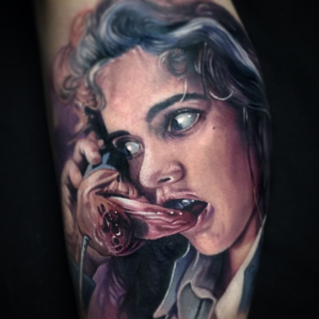 Creepy Maniac on The Phone Realistic tattoo by Paul Acker