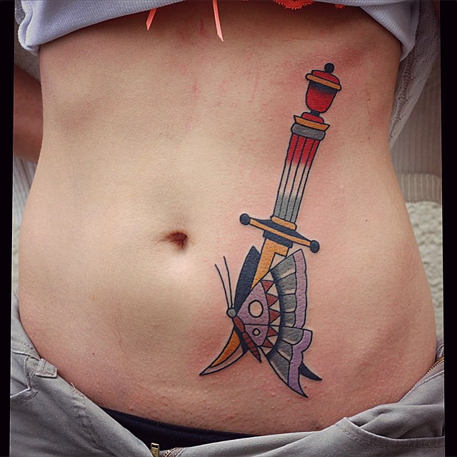 Dagger Butterfly Stomach tattoo