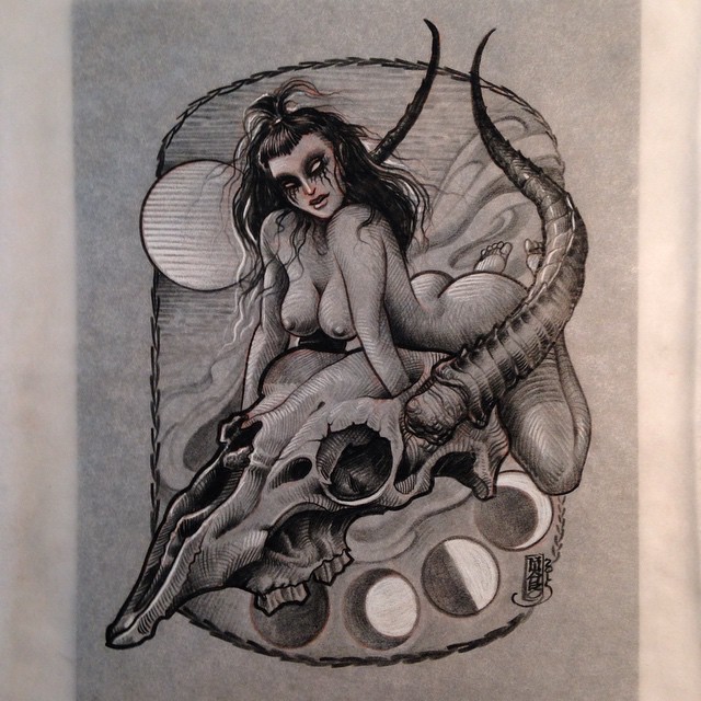 Graphic Goat Skull Girl tattoo idea by Jason Minauro