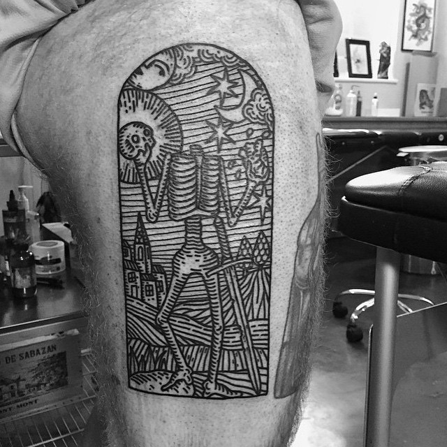 Headless Skeleton Thigh tattoo