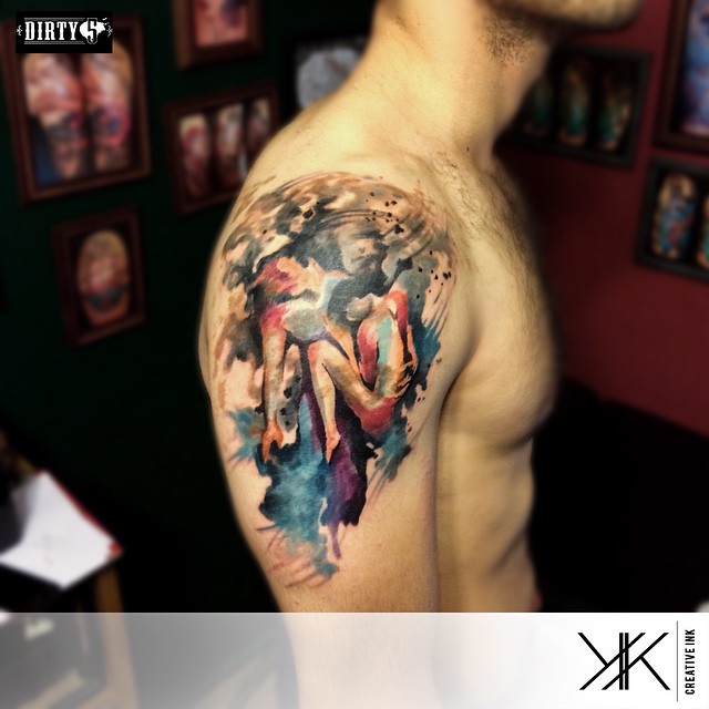 Love Passion Watercolor Shoulder tattoo by Koray Karagözler