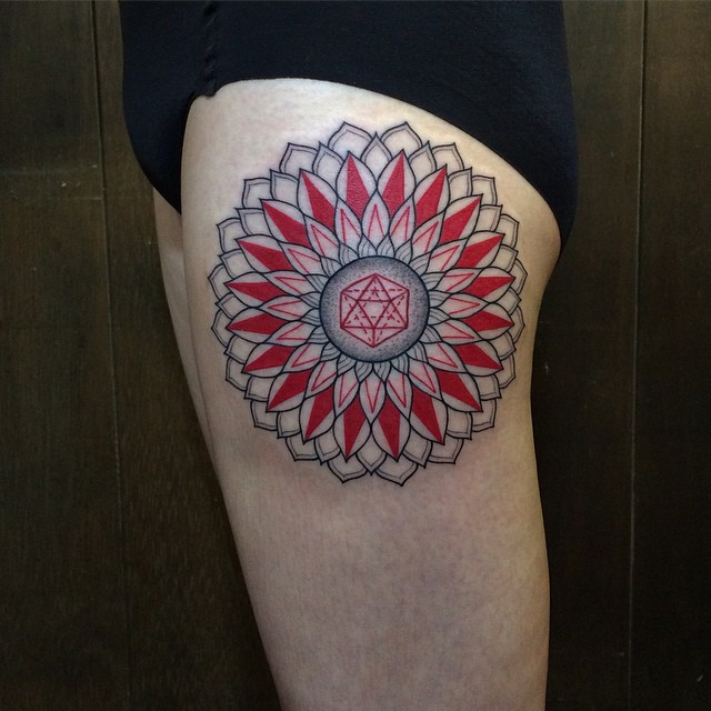 Red Petals Maldala tattoo on Thigh