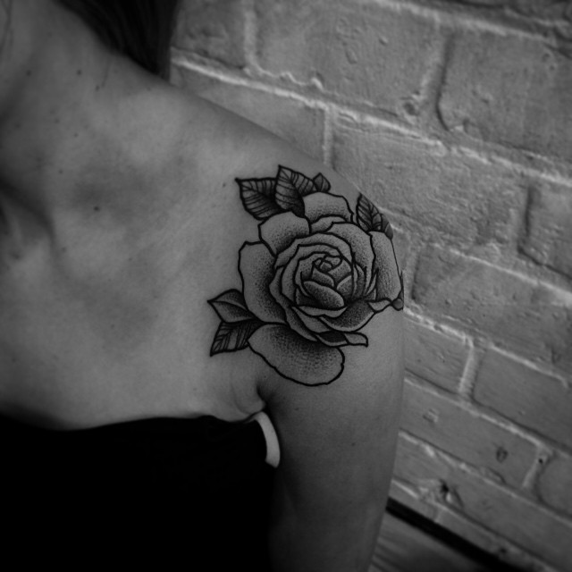 Rose Bud Shoulder Dotwork tattoo