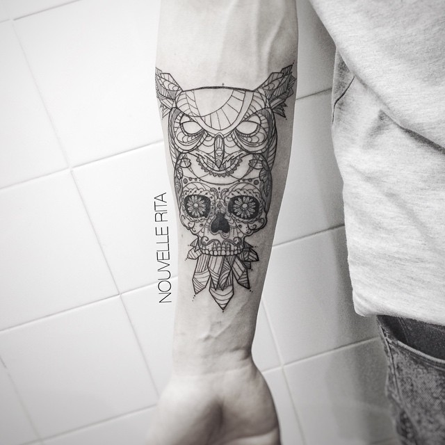 Santa Muerte Skull and Owl on Arm