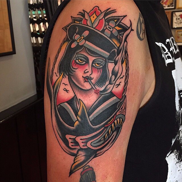 Smoking Girl Sailor Nautical tattoo by Hugh Sheldon