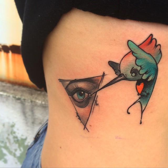 Tear Drinking Colibri New School Side tattoo by Hector Cedillo