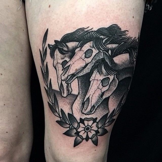 Three Dead Horses Thigh tattoo