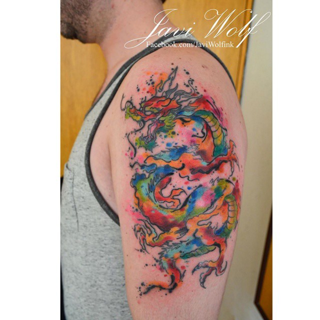 Watercolor Dragon Shoulder tattoo by Javi Wolf