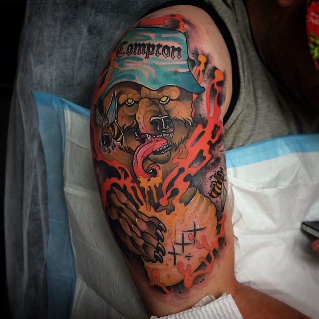 XXX Honey Compton Bear New School tattoo by Conor Wearn