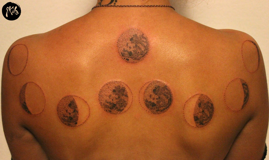 Phases of The Moon Dotwork tattoo on Back via Qkila