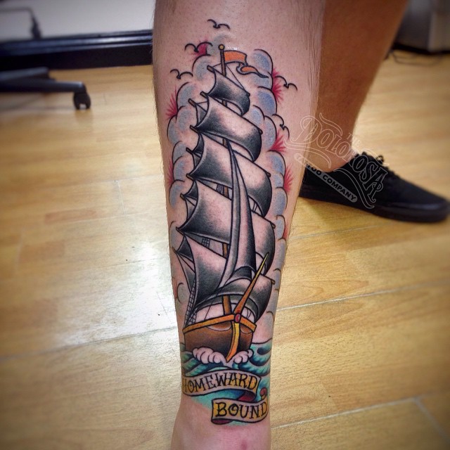 Leg Ship Homeward Bound tattoo