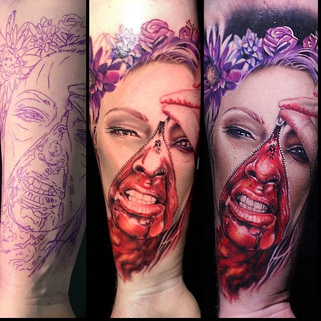 Blood Under Zipper Face Realistic tattoo